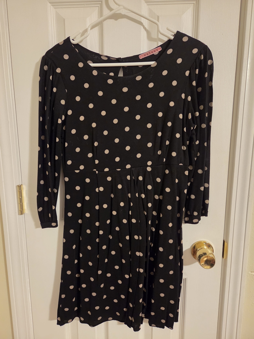 Velvet Black Dress with Cream Polka Dots - Long Sleeve Fit & Flare